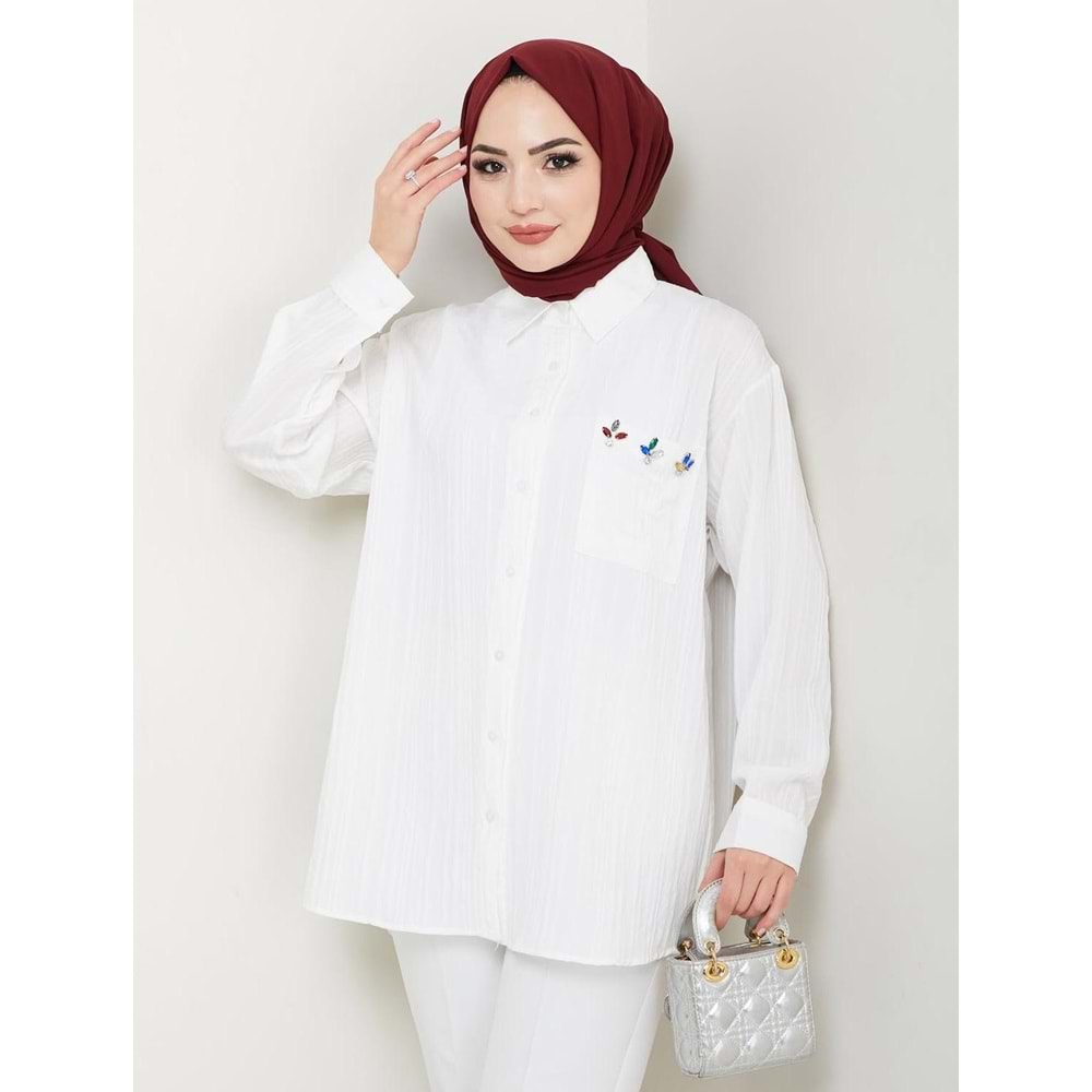 Twity Cep Taş Detay Gömlek 765 - azra fashion - Beyaz - L-XL