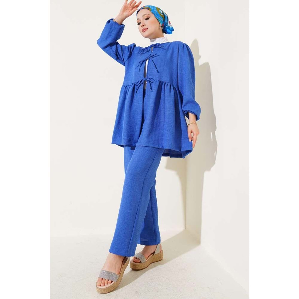 Bambu Keten Biyeli Pantolonlu Takım 3401 - azra fashion - Mavi - S-M