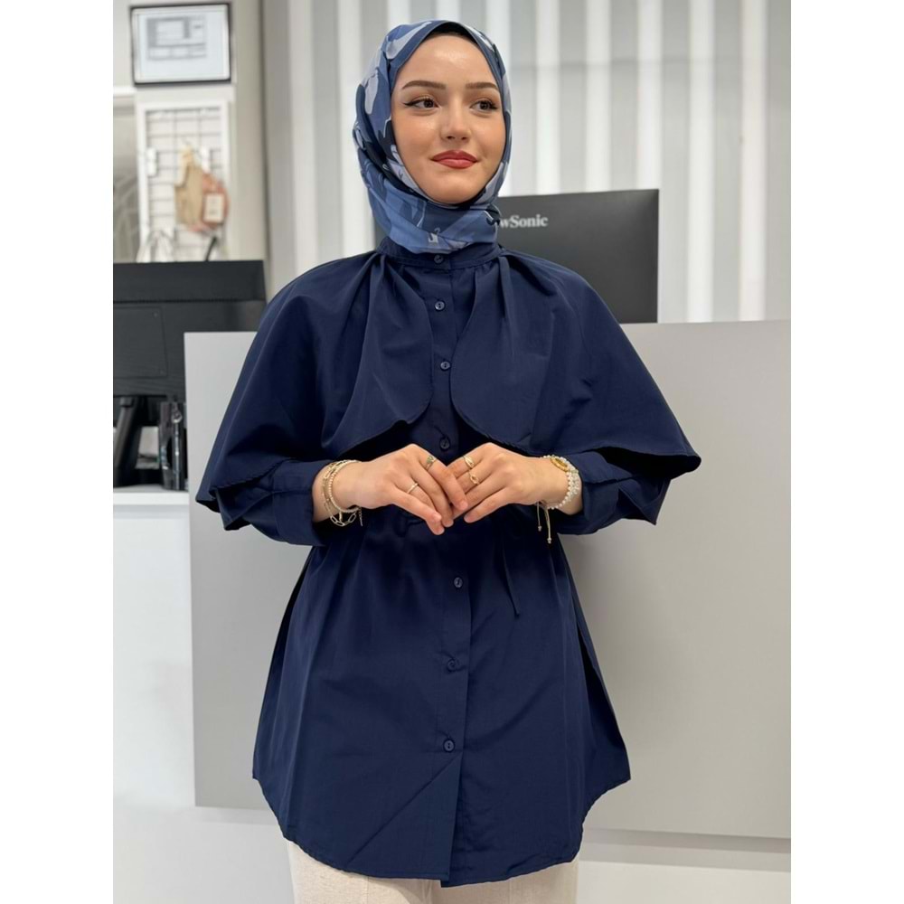 Poplin Pelerinli Bağçıklı Gömlek 782 - azra fashion - Lacivert - L-XL