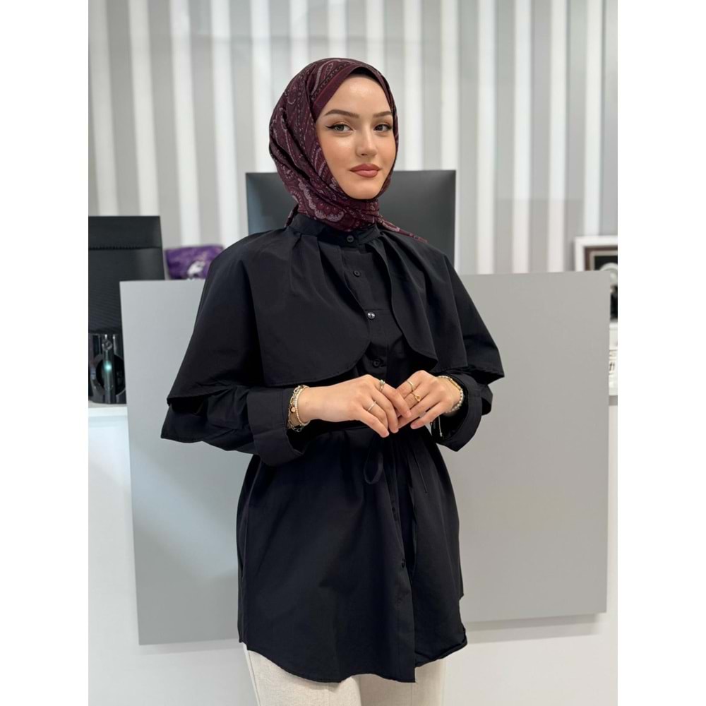 Poplin Pelerinli Bağçıklı Gömlek 782 - azra fashion - Siyah - L-XL