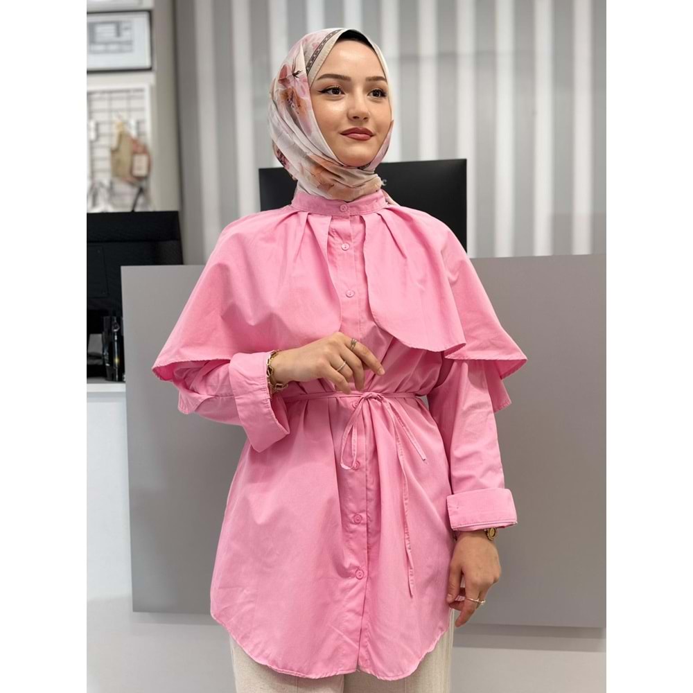 Poplin Pelerinli Bağçıklı Gömlek 782 - azra fashion - Pembe - S-M