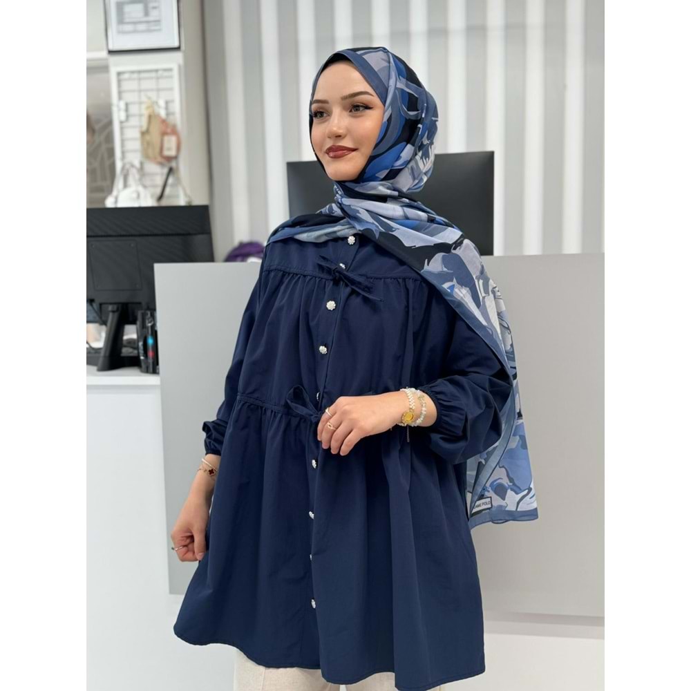 Poplin Biyeli Elmas Düğmeli Gömlek 799 - azra fashion - Lacivert - L-XL