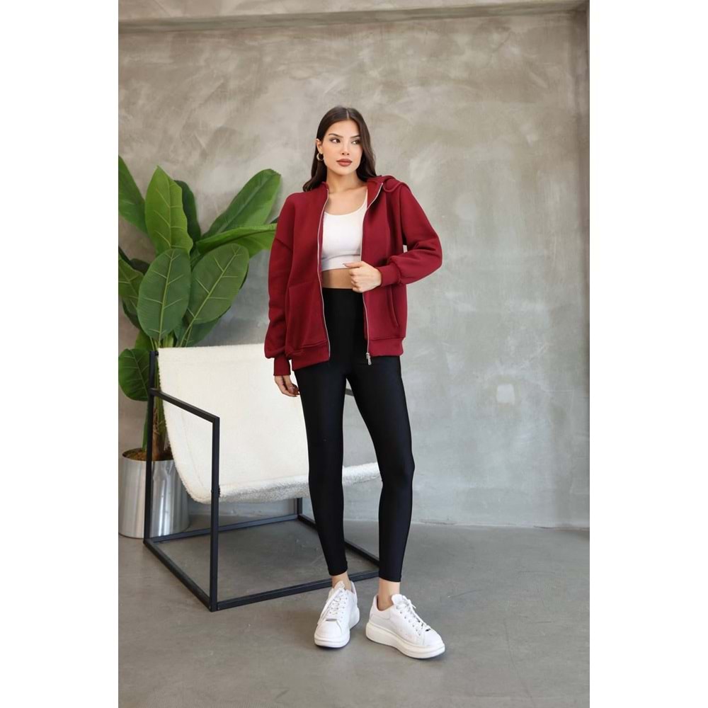 Kapşonlu 3 İp Hırka 2601 - Bordo - S