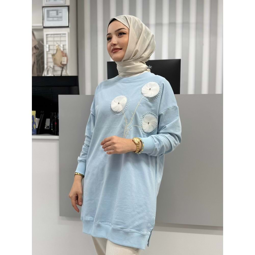 Nakışlı Çiçekli Tunik 26123 - Mavi - L-XL