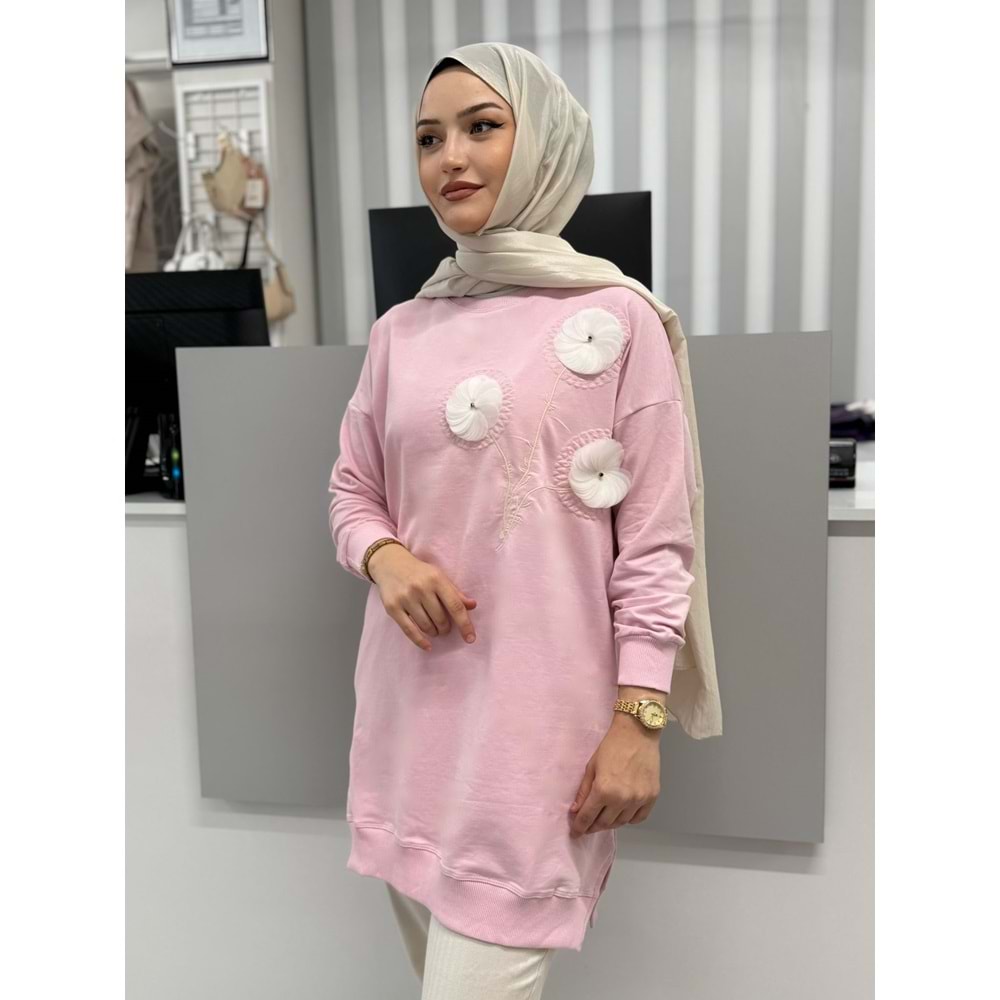 Nakışlı Çiçekli Tunik 26123 - Pembe - L-XL