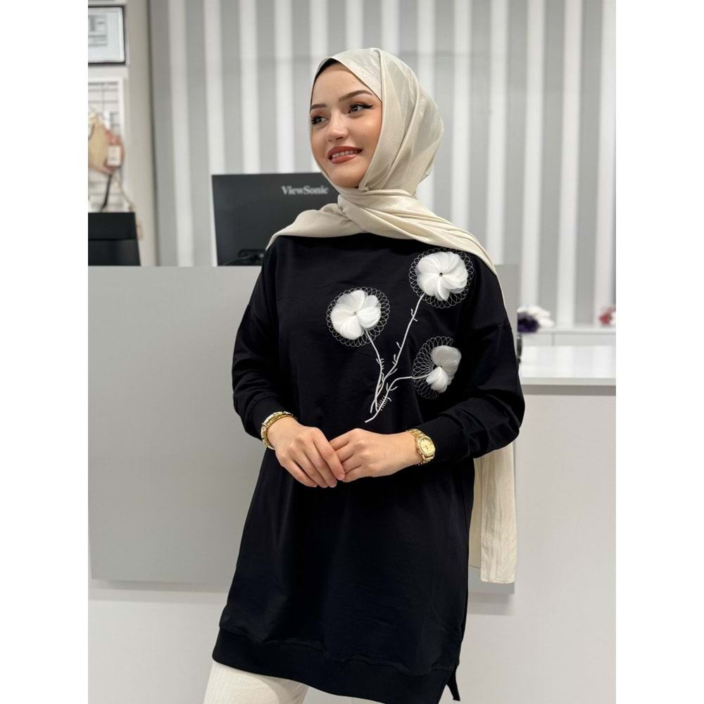 Nakışlı Çiçekli Tunik 26123 - Siyah - S-M