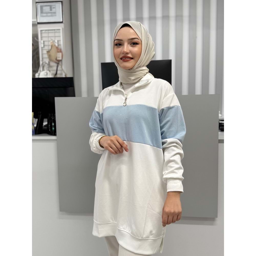 Yaka Fermuarlı Taşlı Tunik 26127 - Bebe Mavisi - L