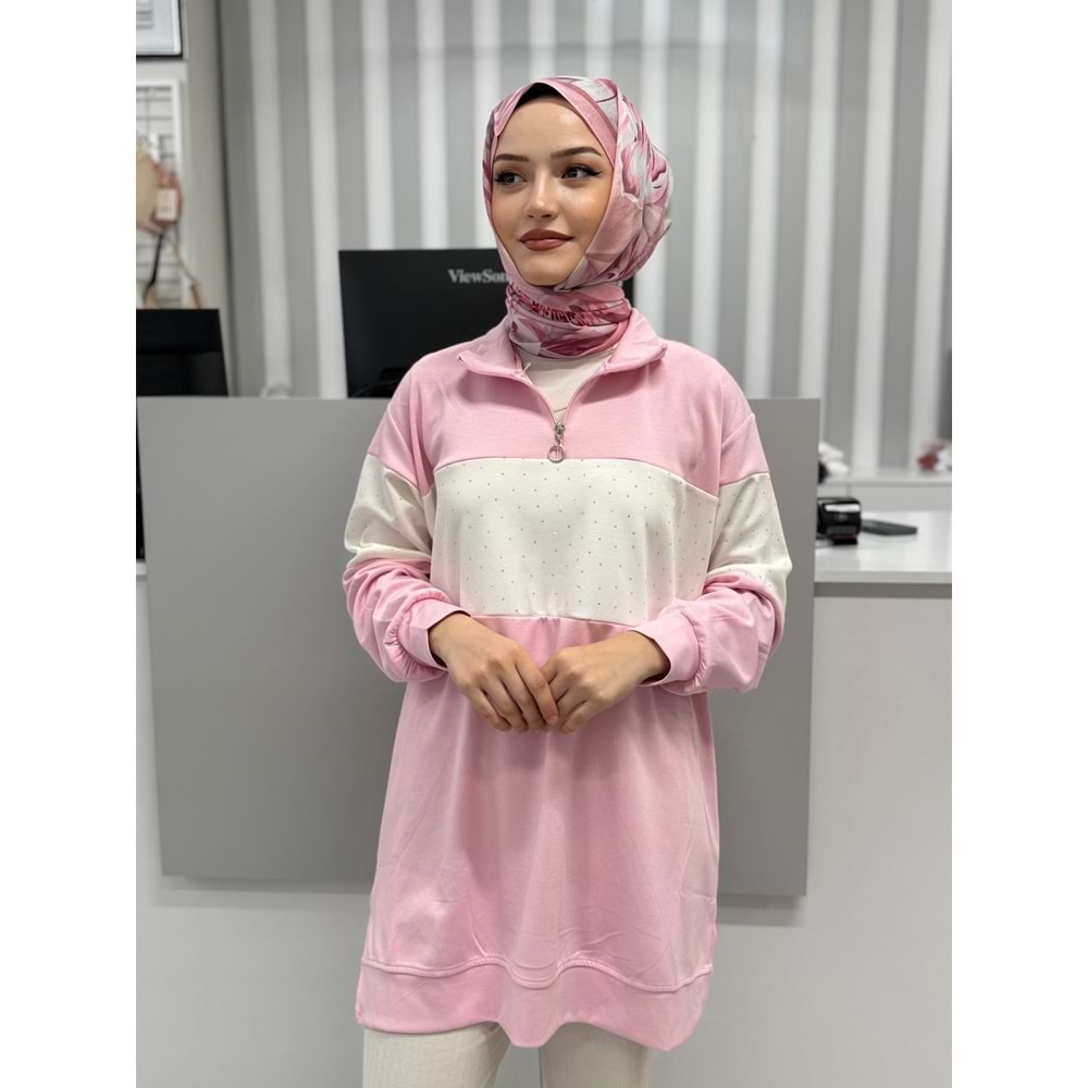 Yaka Fermuarlı Taşlı Tunik 26127 - Pembe - L