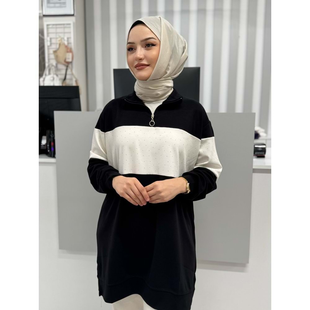 Yaka Fermuarlı Taşlı Tunik 26127 - Siyah - L
