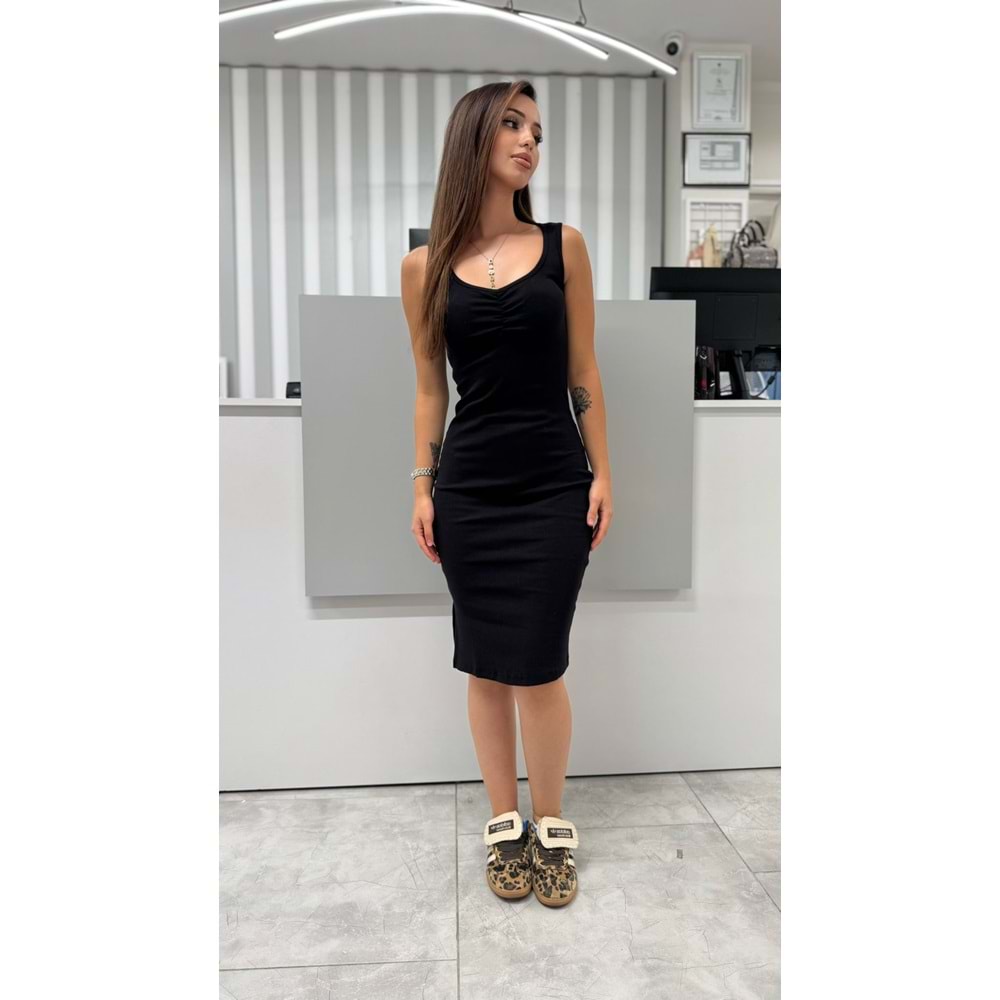 Askılı Büzgülü Elbise 0008 - Siyah - L