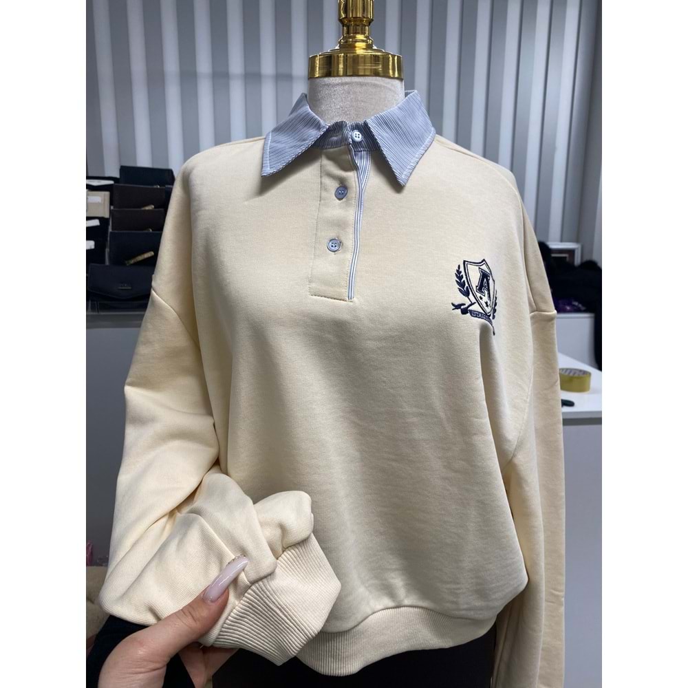 Yakası Çizgili Sweat 0881 - Bej - S