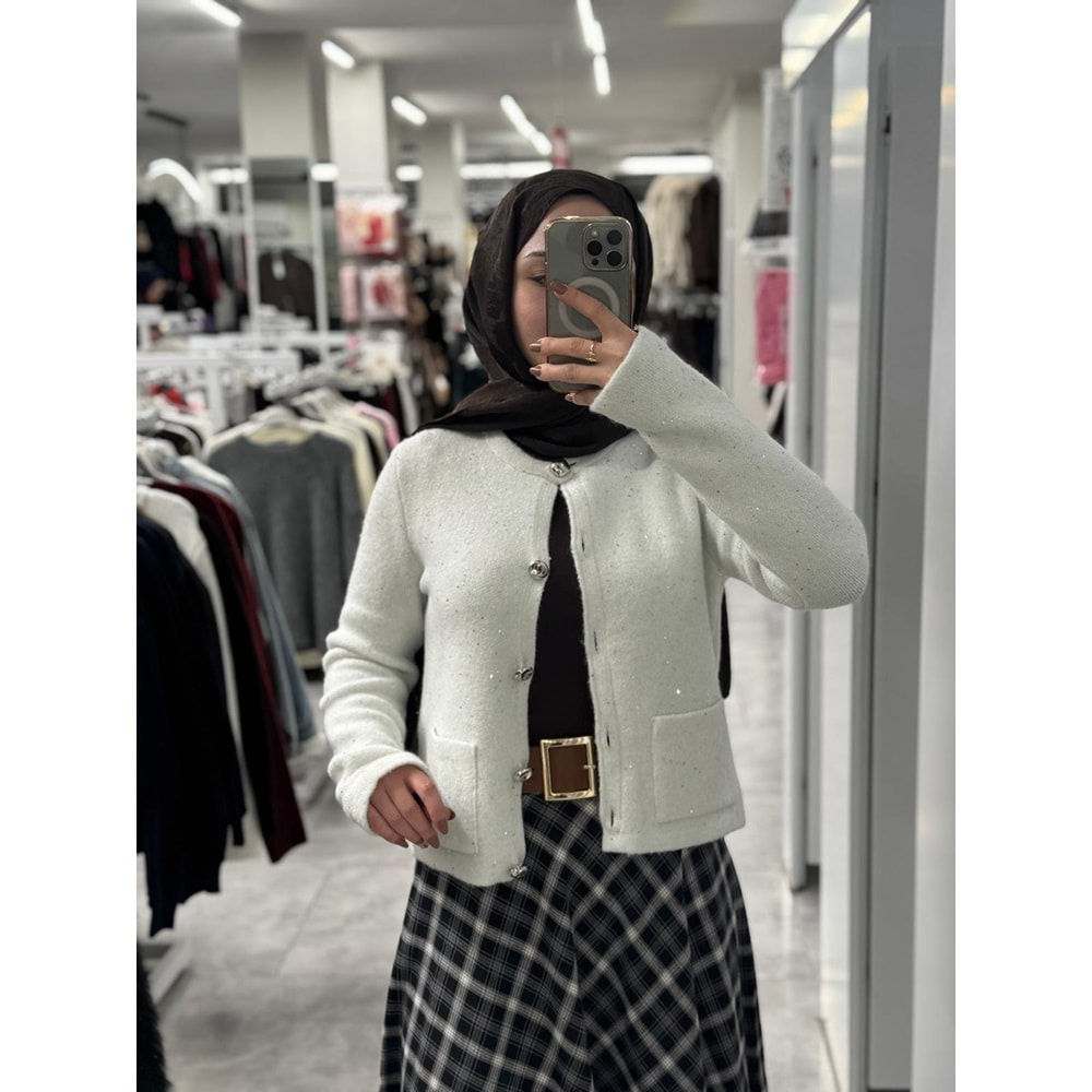 KMBN08 Bisiklet Yaka Pullu Simli Düğmeli Triko Hırka 60935 - Ekru - TEK BEDEN