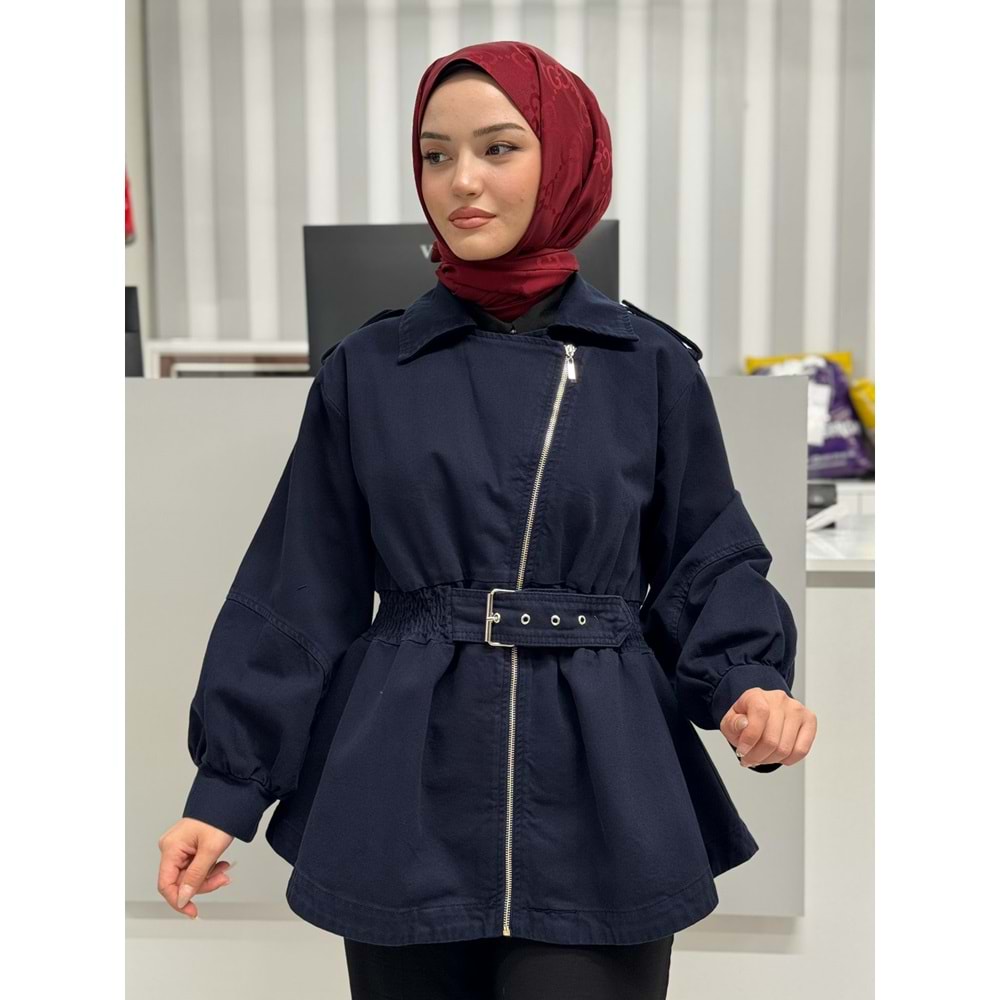 Beli Büzgülü Kot Ceket 7306 - Lacivert - TEK BEDEN