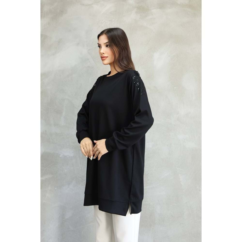 Omuzları Çiçekli Tunik 26119 - Siyah - L