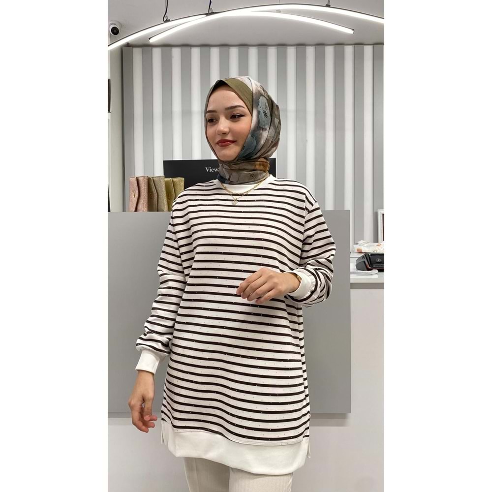 Taşlı Çizgili Tunik 26162 - Kahve Rengi - L