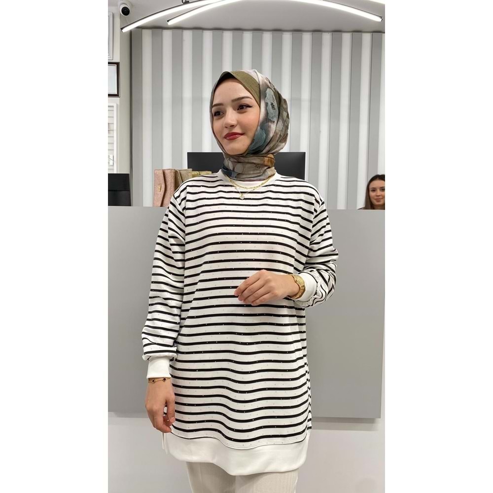 Taşlı Çizgili Tunik 26162 - Siyah - S