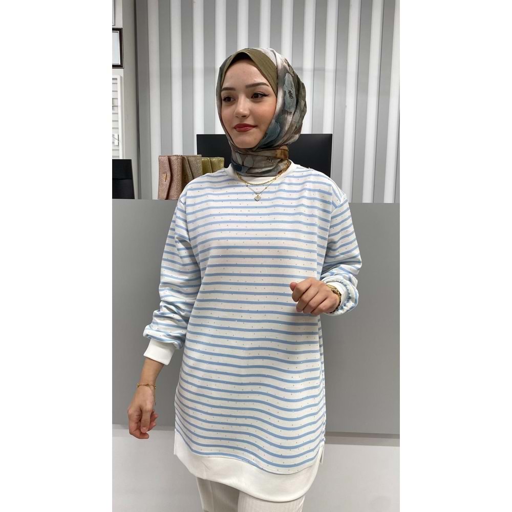 Taşlı Çizgili Tunik 26162 - Mavi - L