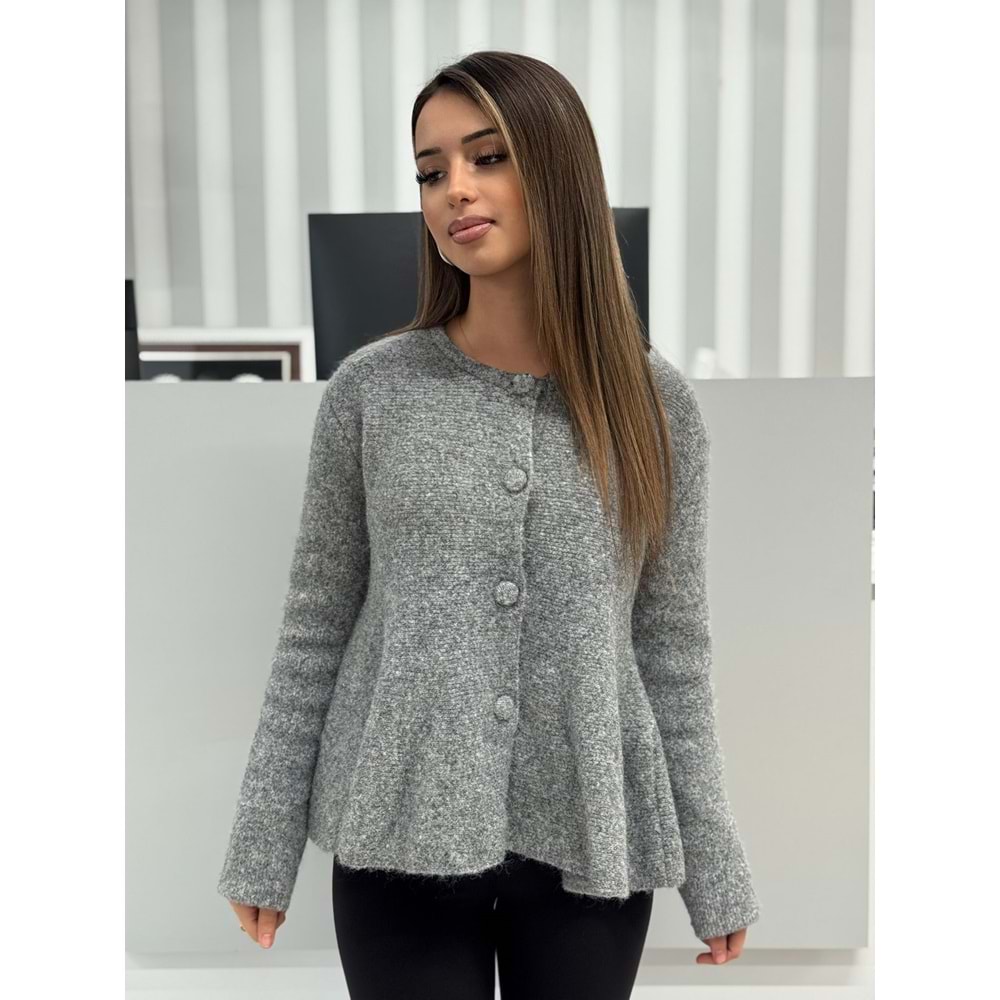 Yumuşak Dokulu Peplum Düğmeli Triko Hırka 60985 - Gri - TEK BEDEN