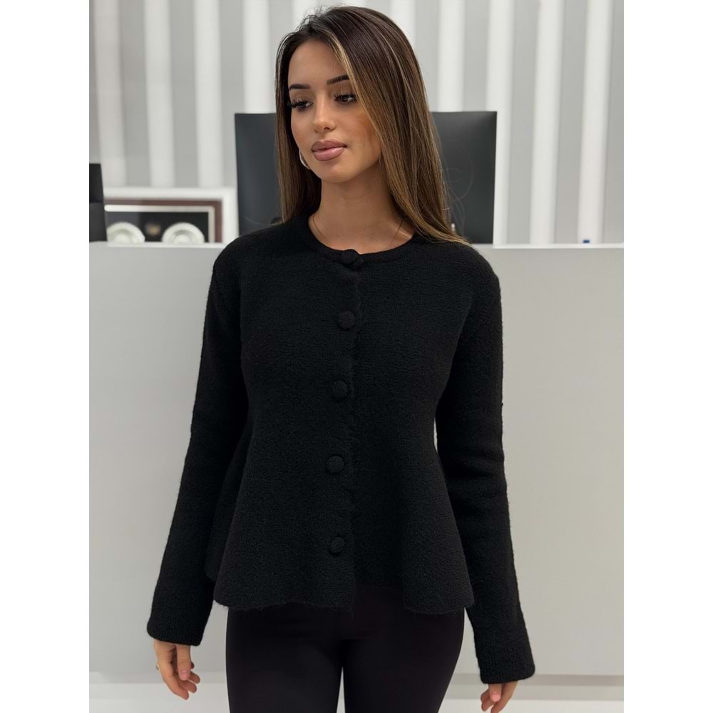 Yumuşak Dokulu Peplum Düğmeli Triko Hırka 60985 - Siyah - TEK BEDEN
