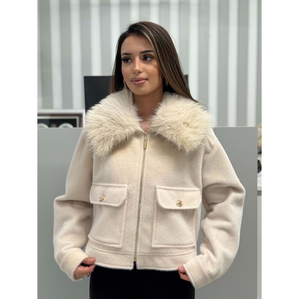 Kürk Yakalı Kısa Ceket 5144 - Bej - L - AZRA06839-55470