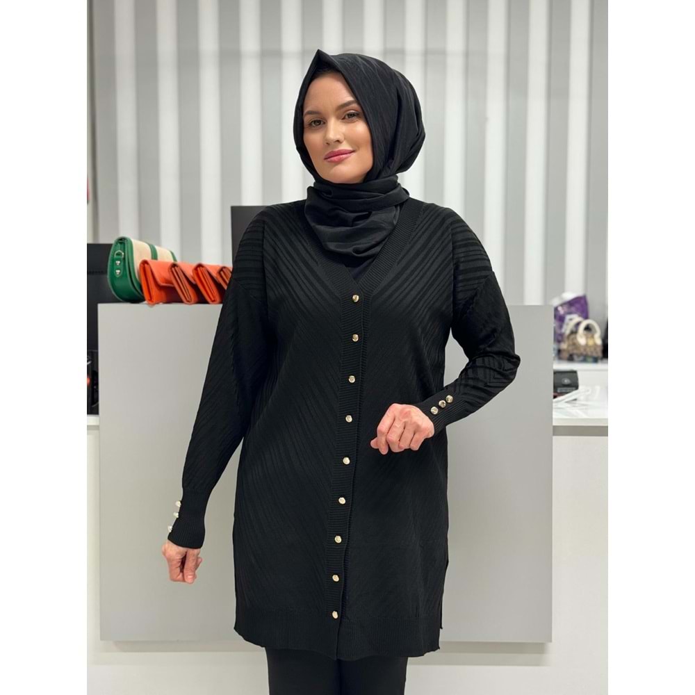 Çapraz Desenli Merserize Hırka 3198 - Siyah - TEK BEDEN