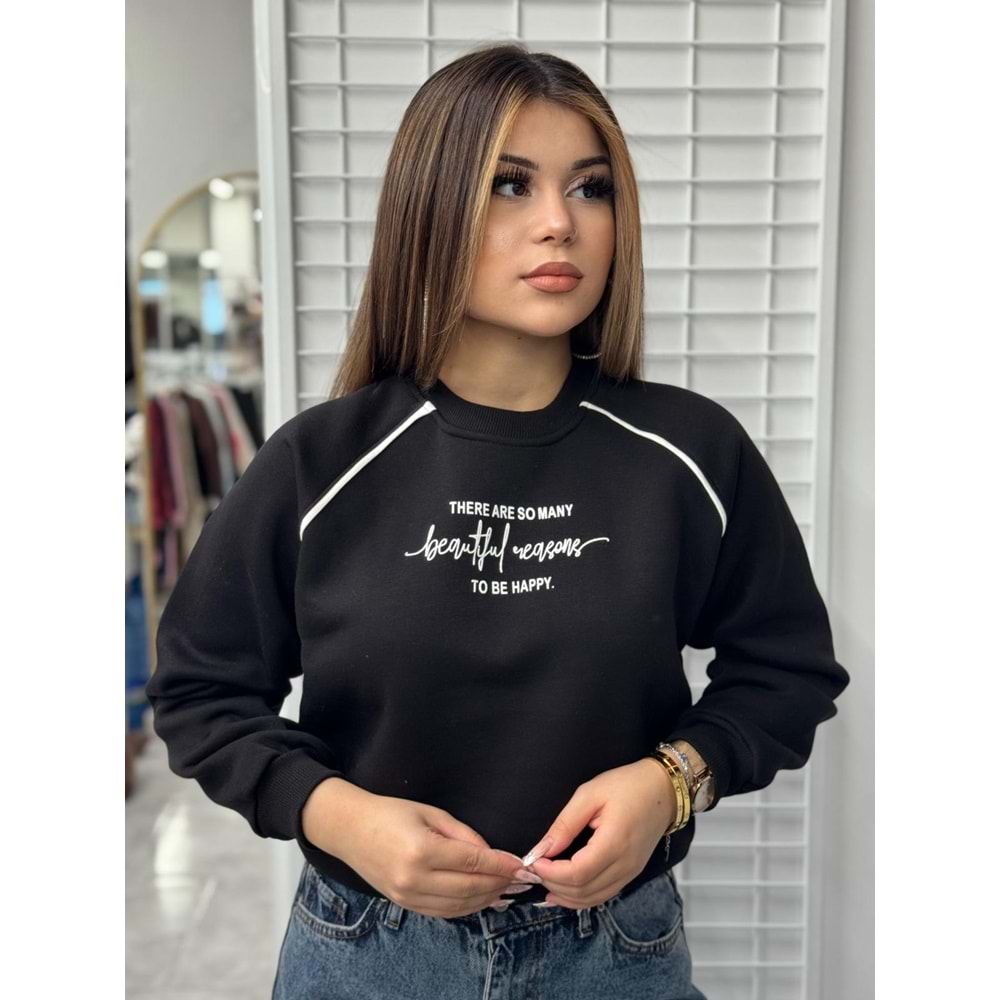 Ön Baskılı Ara Biyeli Sweat - Siyah - L-XL