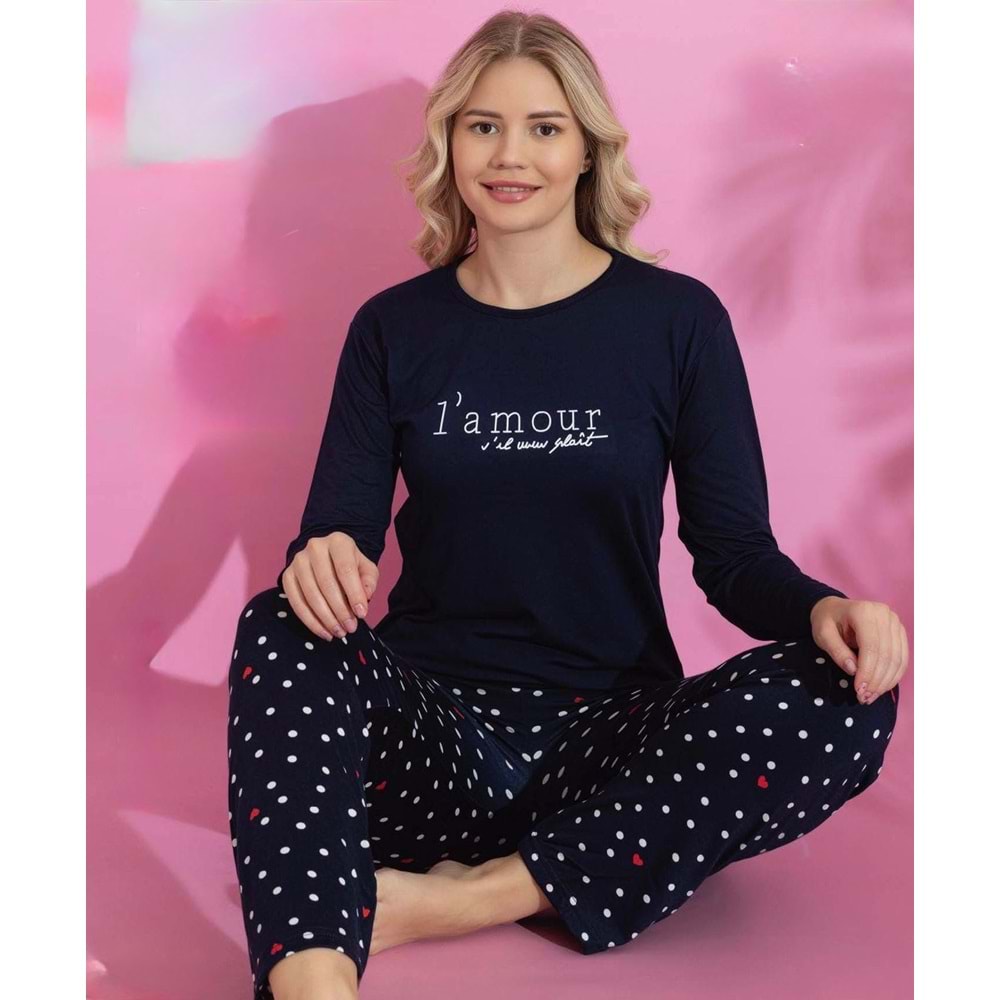 Yazı Baskılı Pijama Takım 1500 - Lacivert - L - AZRA06941-55947