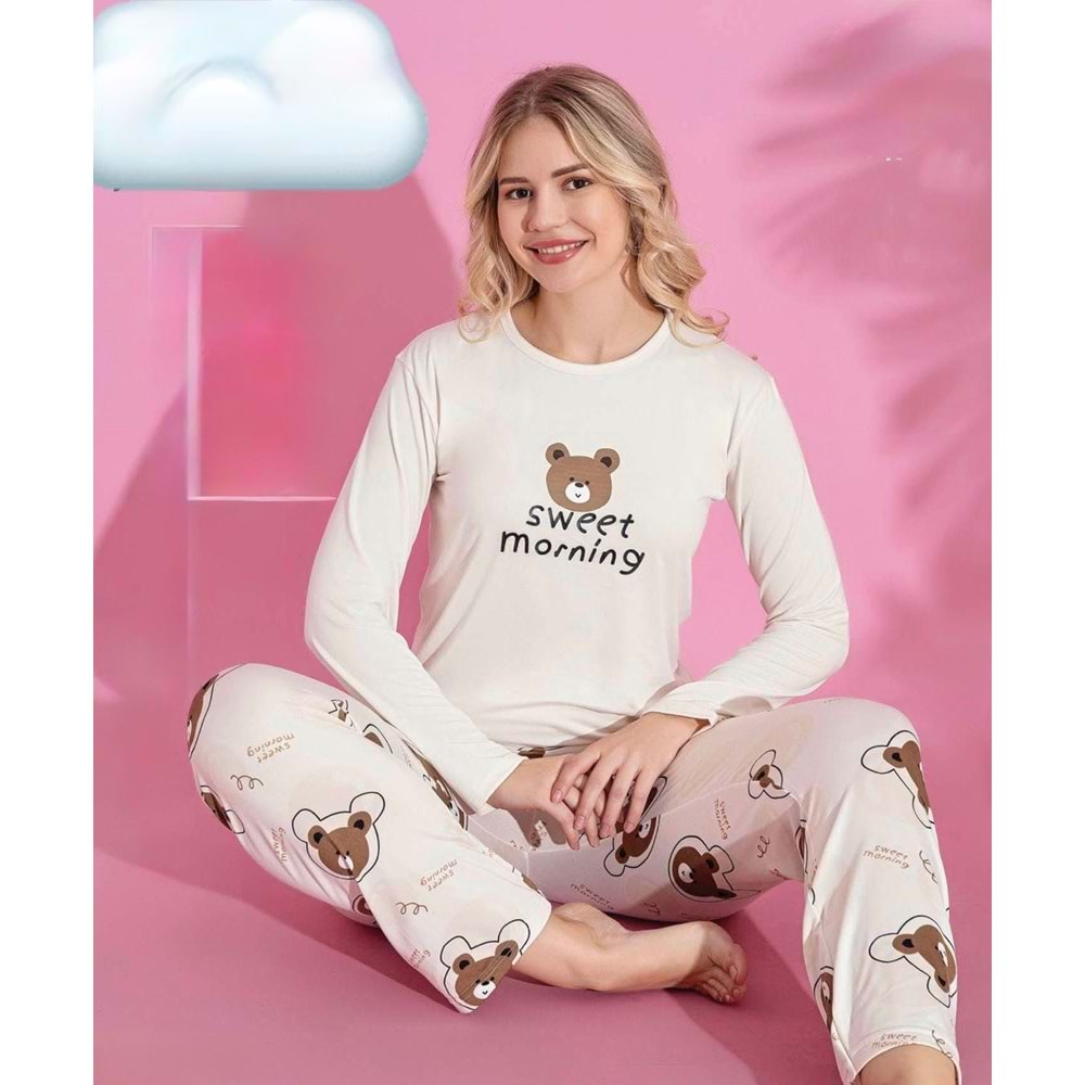 Sweet Ayıcık Baskılı Pijama Takım 1610 - Krem - XXL - AZRA06943-55958