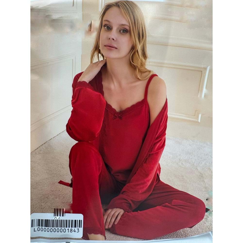 Kadife Kumaş Pijama Takımı 5638 - Kırmızı - S-M - AZRA06949-55985