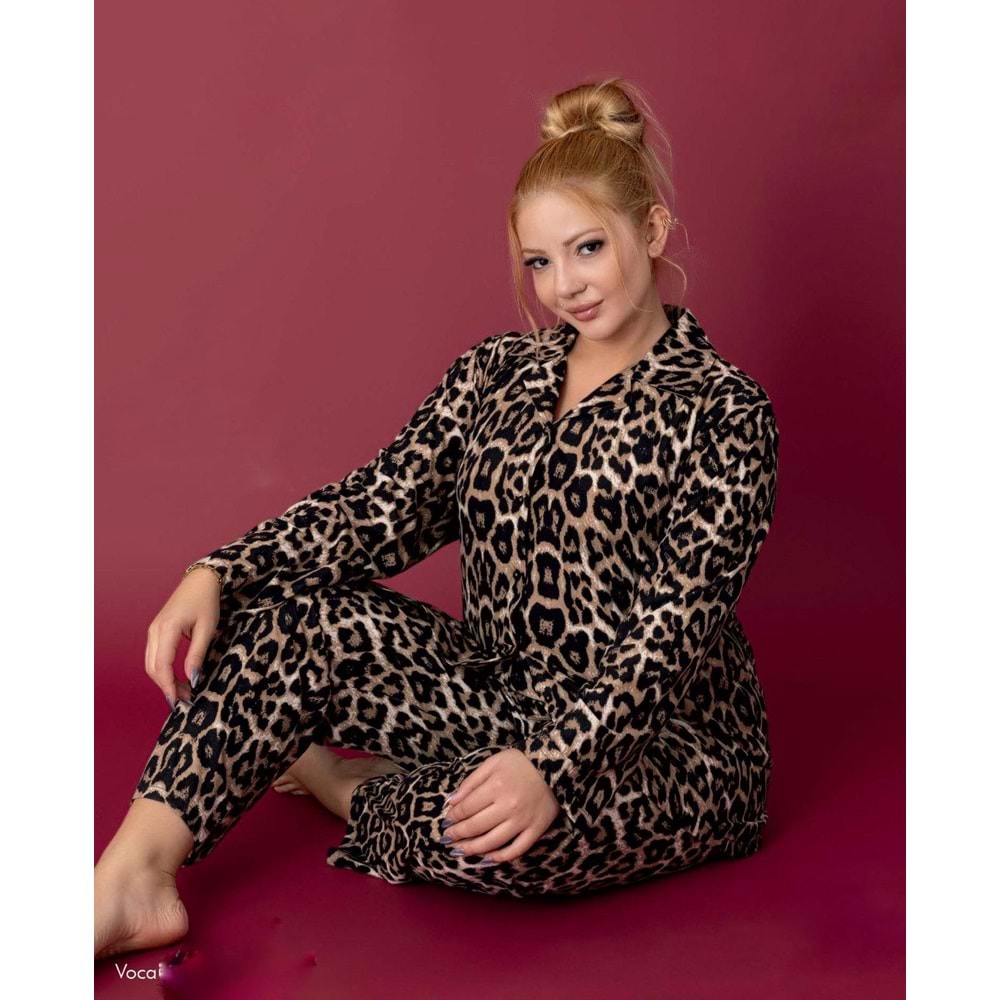 Suet Leopar Pijama Takımı Battal 9685 - Kahve Rengi - 3XL - AZRA06957-56029