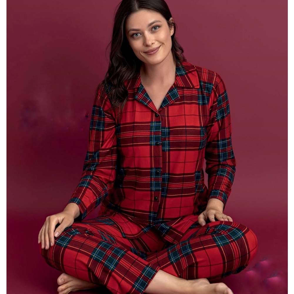 Suet Ekoseli Pijama Takımı 9999 - Kırmızı - L - AZRA06962-56068