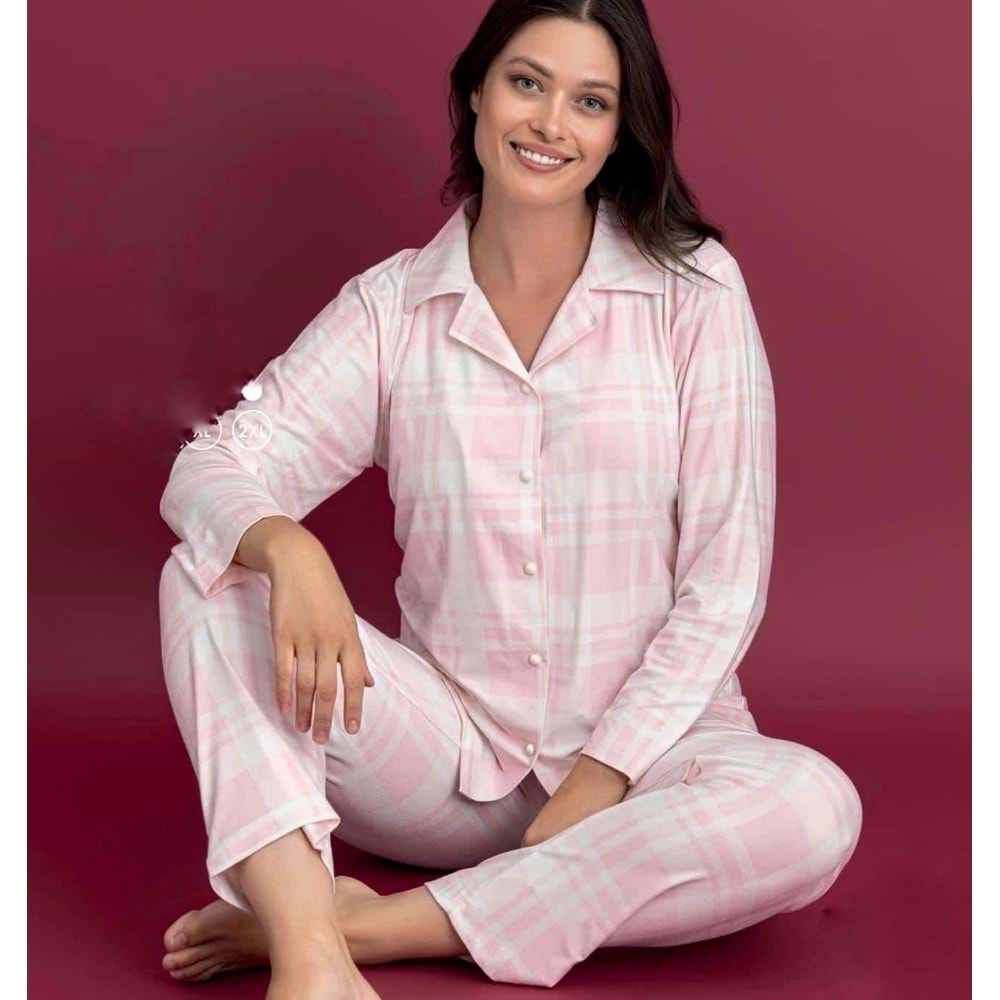 Suet Ekoseli Pijama Takımı 9999 - Pembe - L - AZRA06962-56072