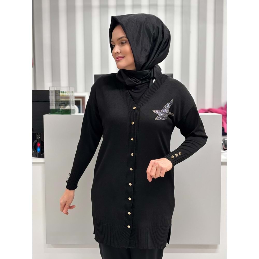 Pullu Taşlı Yanı Kuşlu Merserize Hırka 3207 - Siyah - TEK BEDEN - AZRA06966-56093