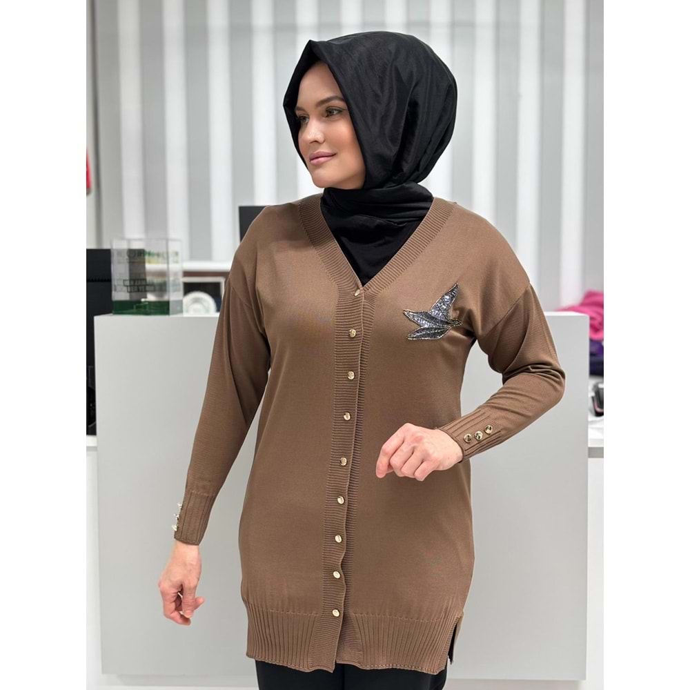 Pullu Taşlı Yanı Kuşlu Merserize Hırka 3207 - Sütlü Kahve - TEK BEDEN - AZRA06966-56094