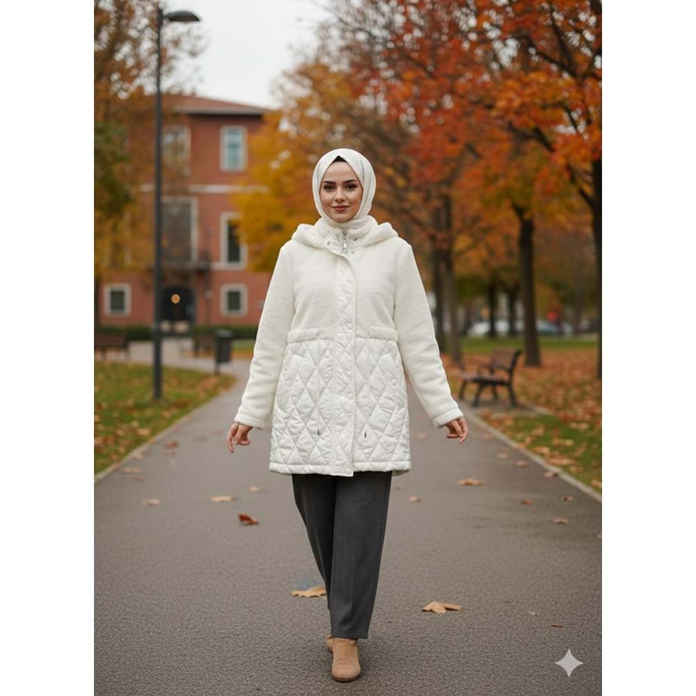 Kapitone Peluş Mont 35642 - Krem - M