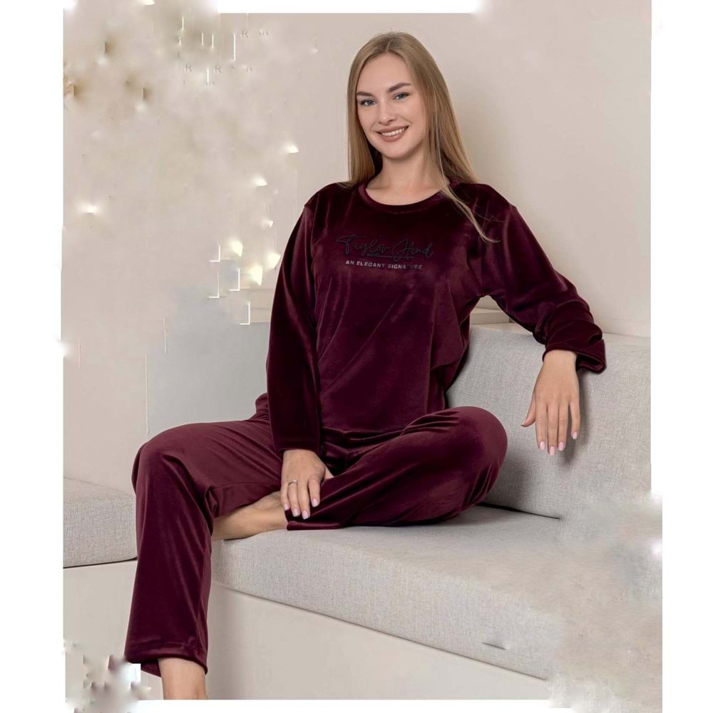 Yazı Baskılı Kadife Pijama Takımı 1827 - Bordo - L - AZRA06991-56225