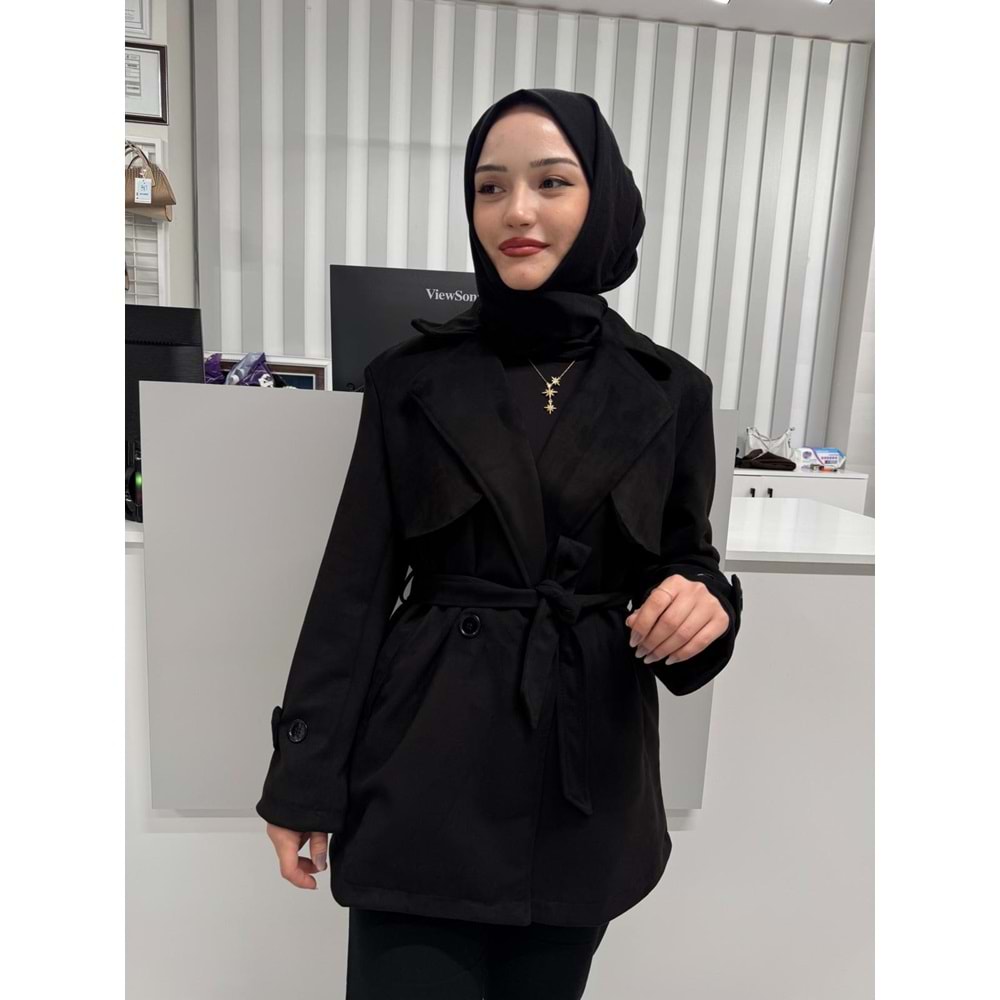 Rüzgarlık Detay Ara Boy Skuba Süet Trenc 2786 - Siyah - 40