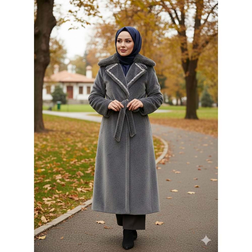 Yakası Taşlı Kaban 9016 - Füme - 44 - AZRA07047-Füme-44