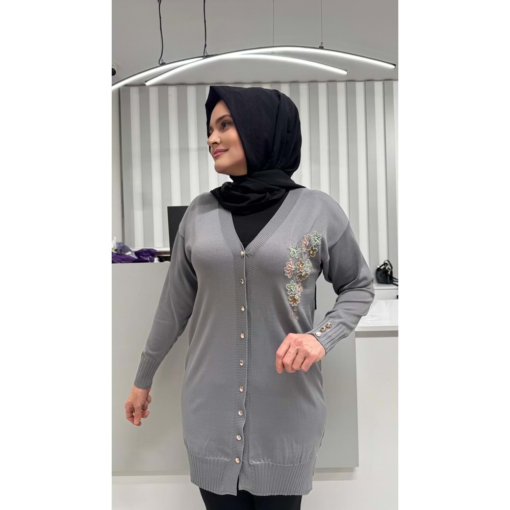 Taşlı Çiçek Desenli Merserize Hırka 3280 - Gri - TEK BEDEN - AZRA07082-56786