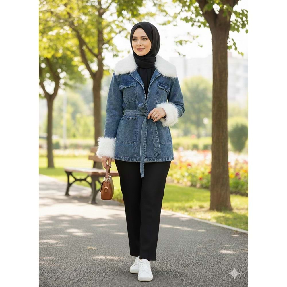 Kürk Yakalı ve Kol Detaylı Kot Ceket 81185 - Mavi - L-XL - AZRA07092-56869