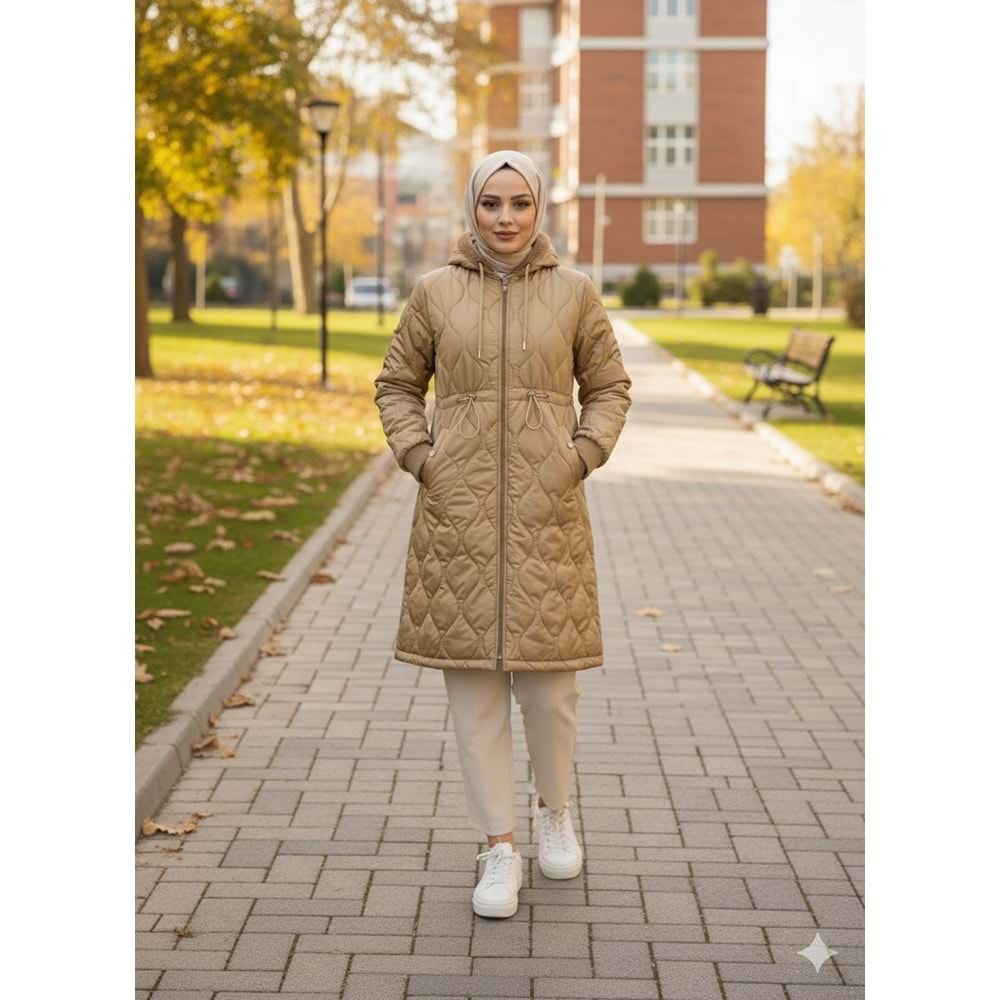 Beli Büzgülü Kapitone Mont 8672 - Bej - TEK BEDEN - AZRA07095-56877