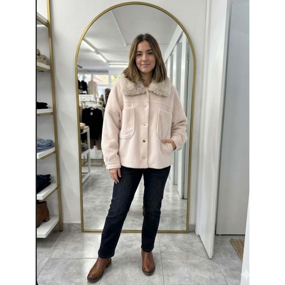 Cepli Kürk Yakalı Shacket 1005251 - Bej - L - AZRA07097-56886