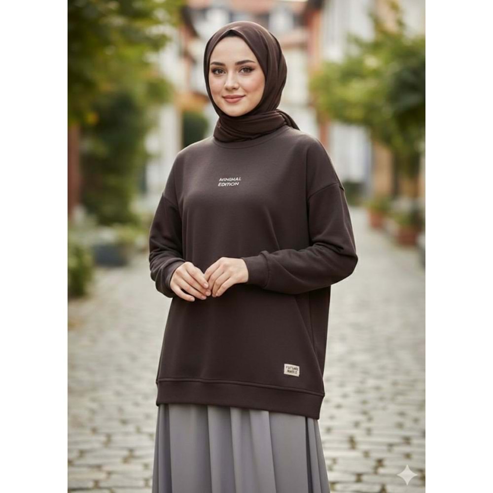 Kontrast Baskı Ve Etiketli S-Shırt 35325 - Acı Kahve - TEK BEDEN - AZRA07099-56895