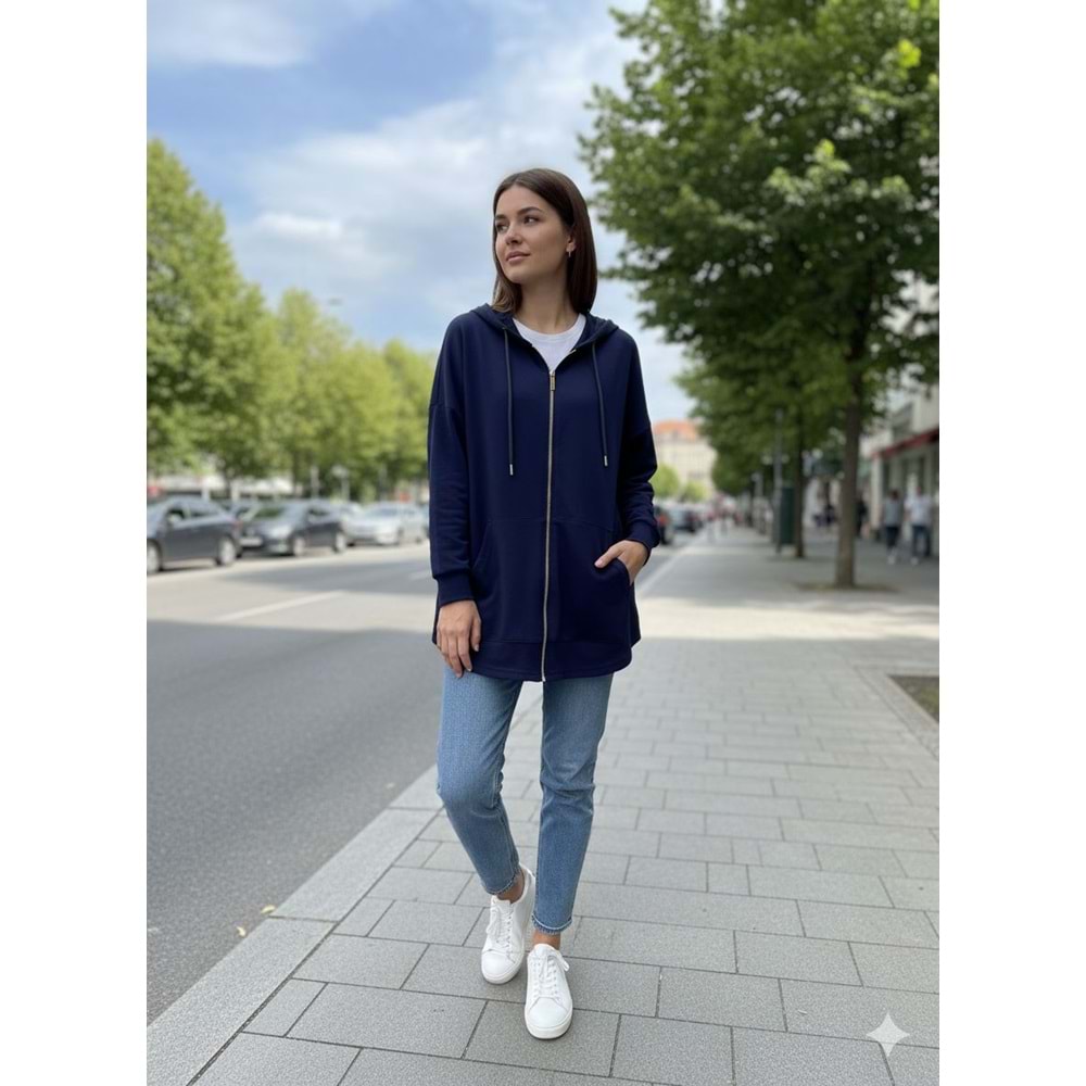 Kapşonlu Fermuarlı Hırka 1408 - Lacivert - S-M - AZRA07133-57097