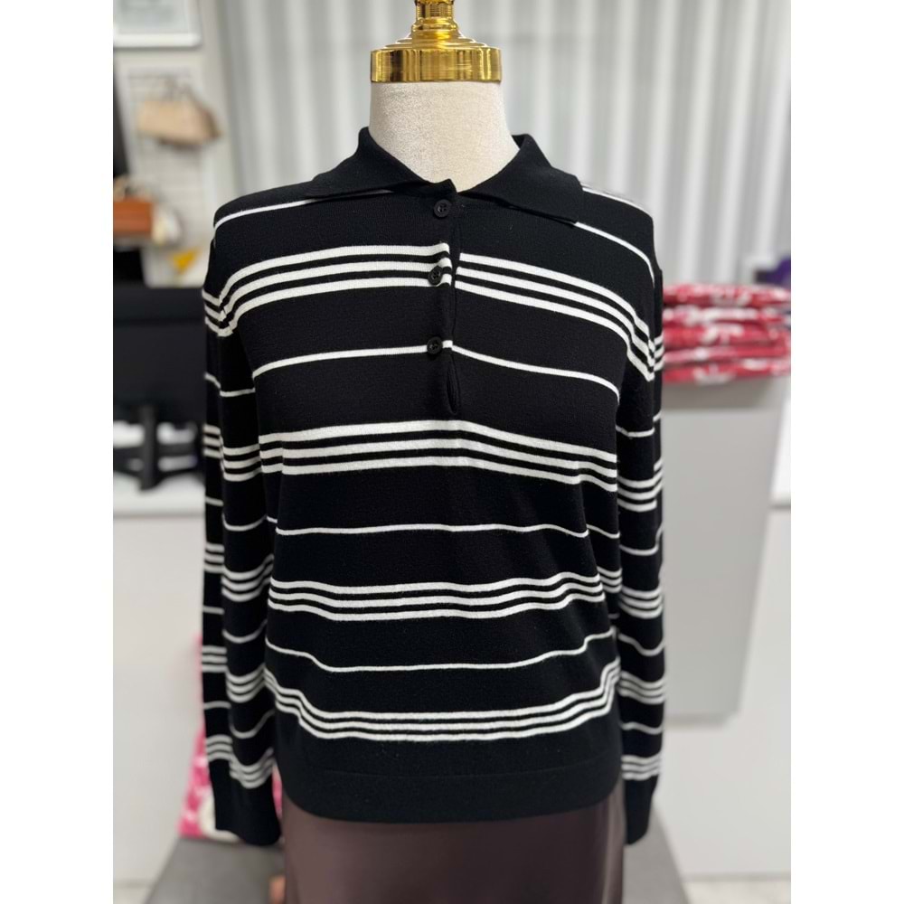 Çizgili Polo Yaka Kazak 2528 - Siyah - TEK BEDEN - AZRA07170-57289