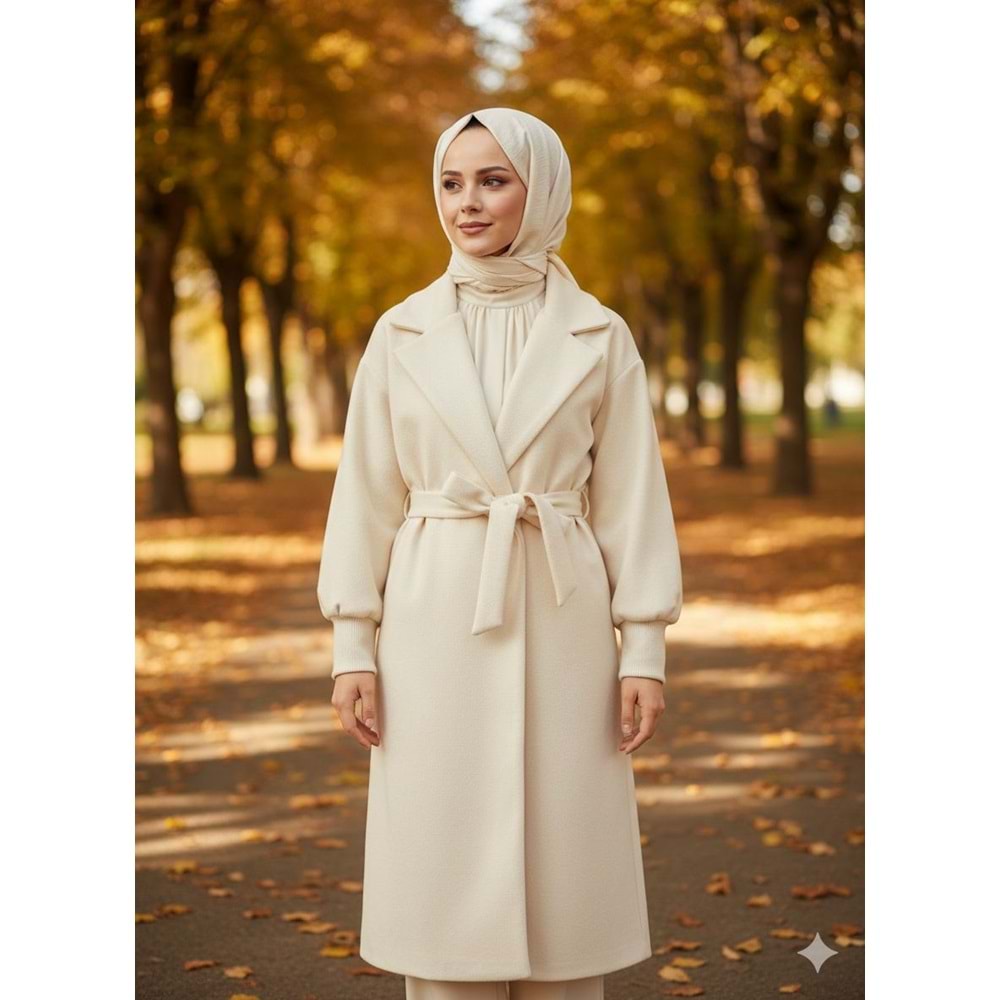 Broşlu Kaşe Kaban 140136 - Bej - TEK BEDEN - AZRA07238-Bej-TEK BEDEN