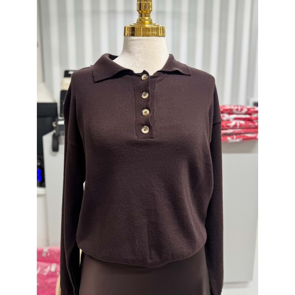 Yakalı Düğmeli Kazak 12325 - Acı Kahve - TEK BEDEN - AZRA07253-Acı Kahve-TEK BEDEN