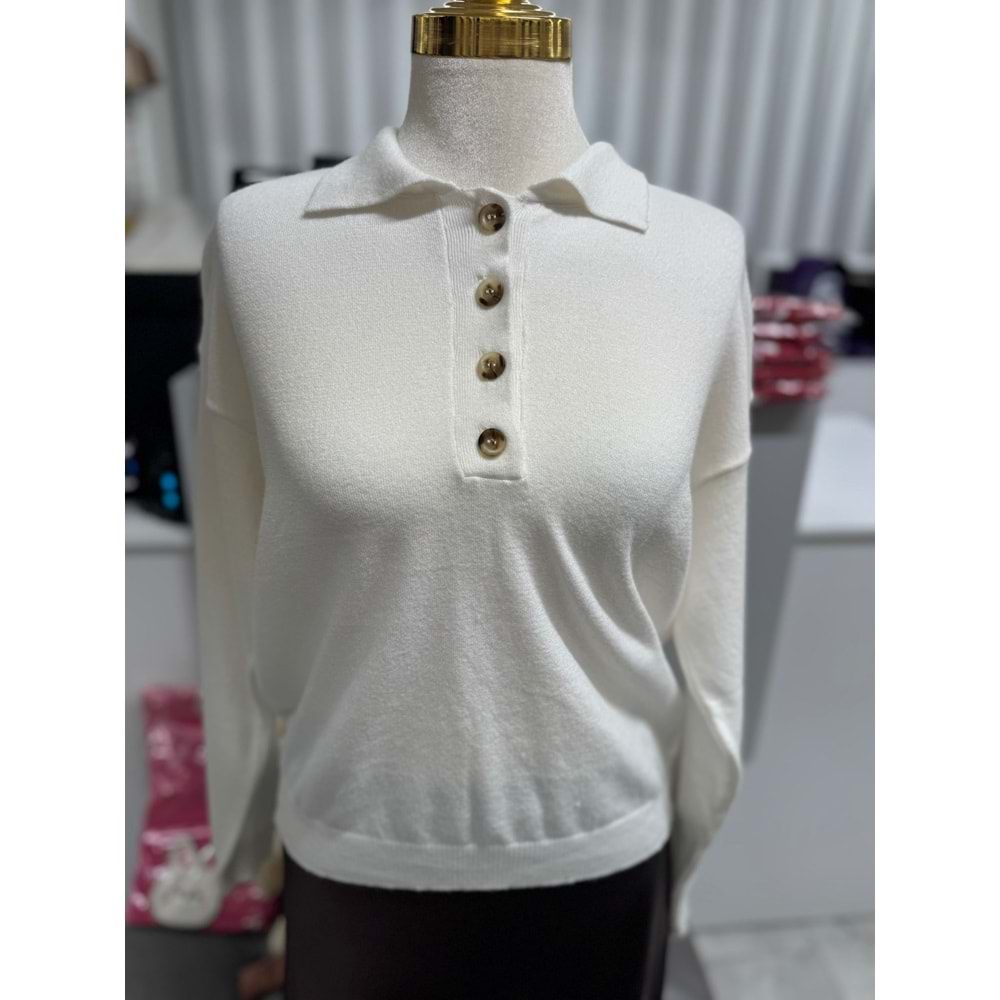 Yakalı Düğmeli Kazak 12325 - Ekru - TEK BEDEN - AZRA07253-Ekru-TEK BEDEN