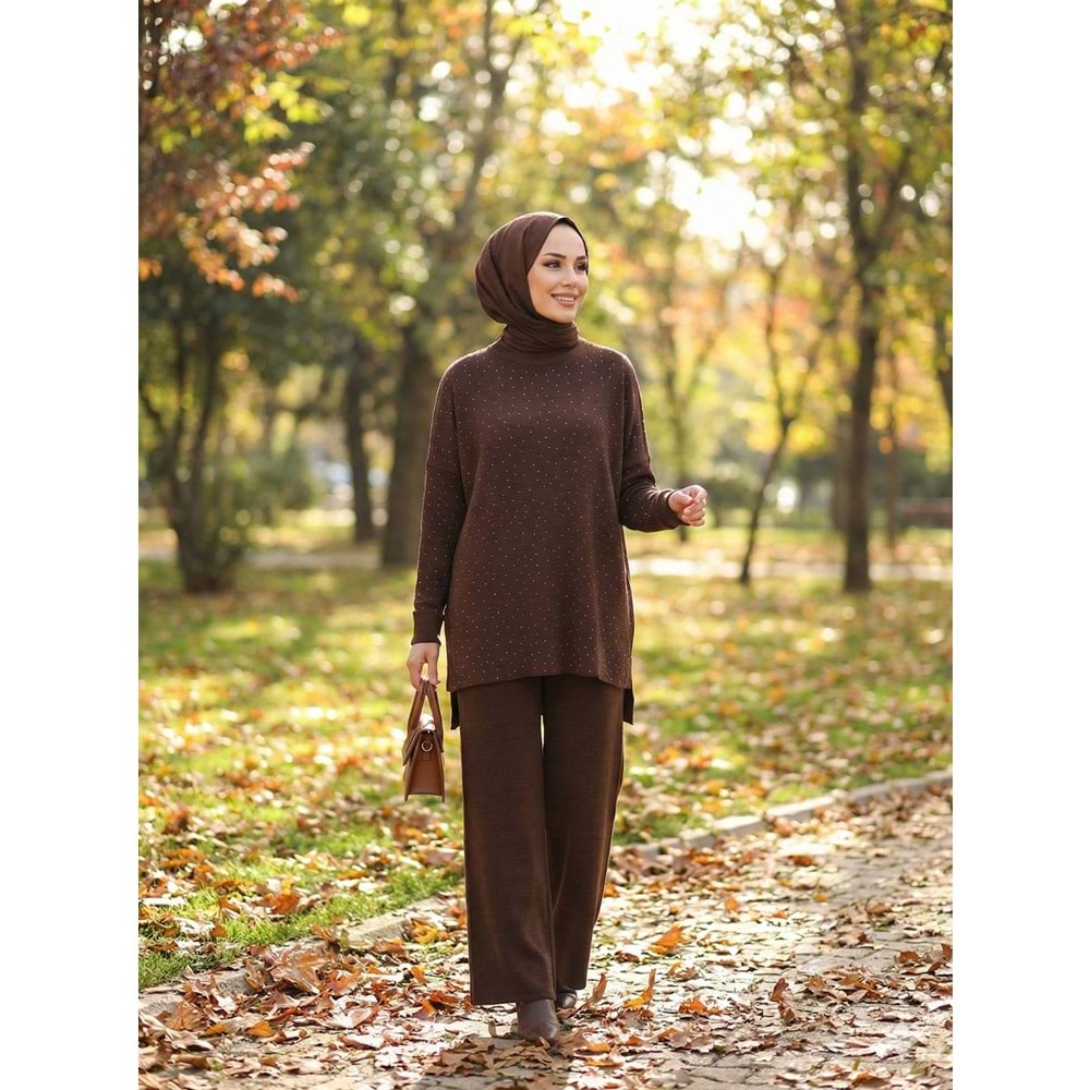 Pullu Simli Triko Takım 1414 - Acı Kahve - TEK BEDEN - AZRA07258-Acı Kahve-TEK BEDEN