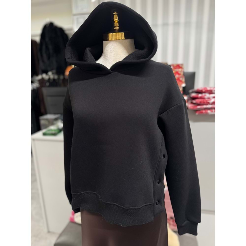 Yanları Çıtçıtlı Kapşonlu 3İp Sweat 168 - Siyah - S-M - AZRA07277-Siyah-S-M